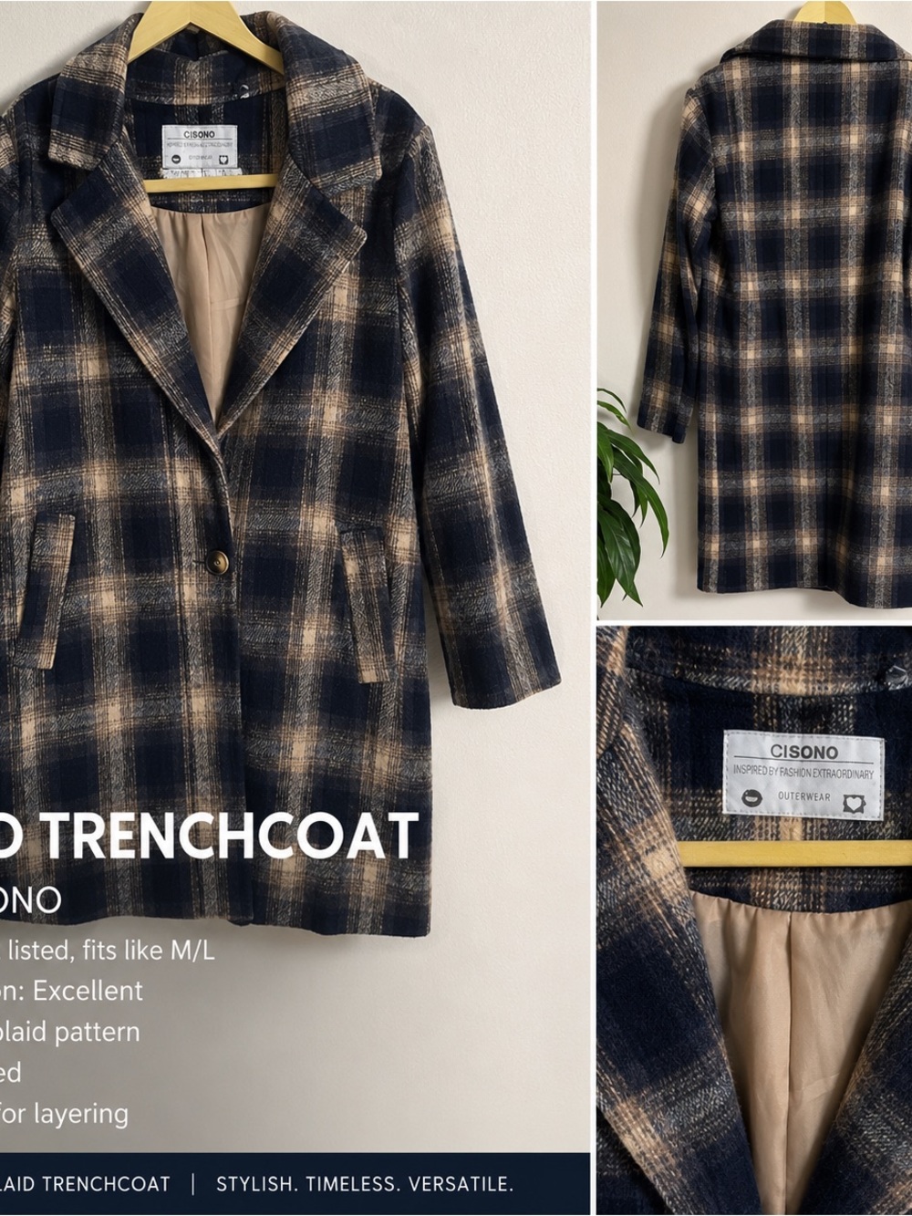 Ci Sono Navy and Beige Plaid Single-Button Trench Coat